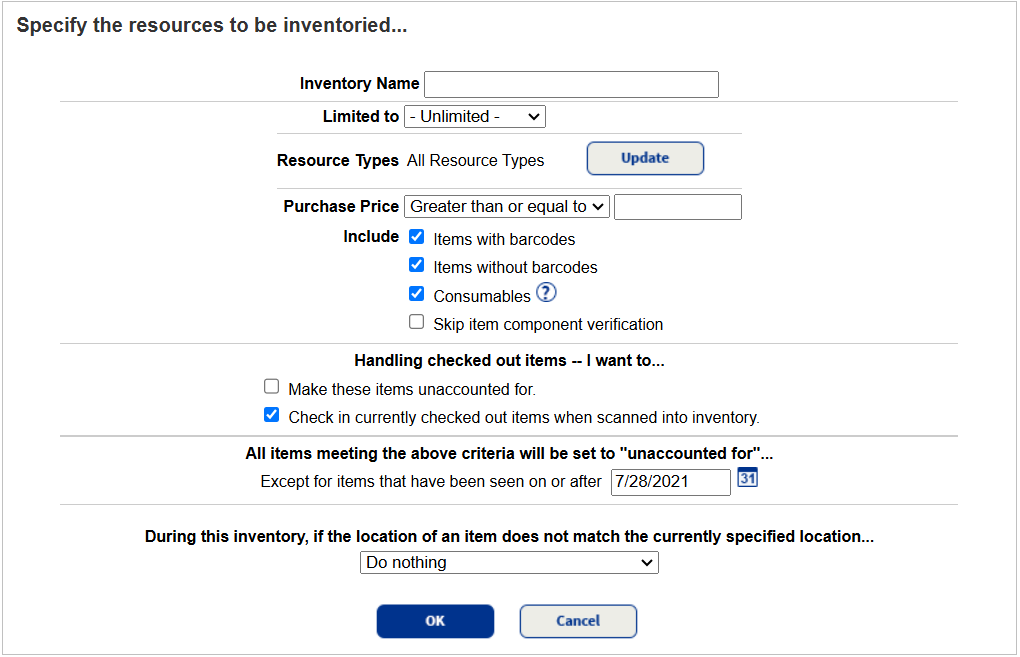 Options to specify the resources to be inventoried.